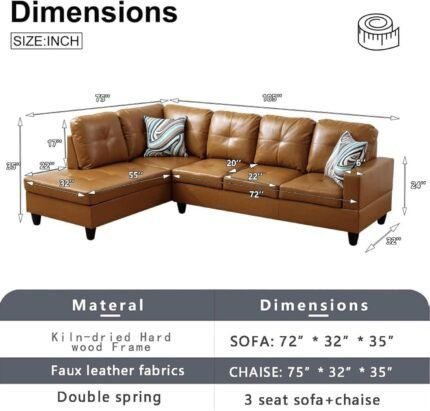 L-Shaped Sectional Sofa Set 5-Seat Luxurious Faux Leather Couches for Living Room, Left Facing Chaise with Pillows