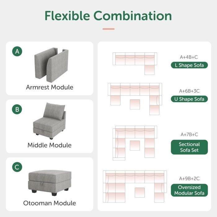 U Shaped Sectional Modular Sofa with Storage Convertible Modular Sectional Couch for Living Room