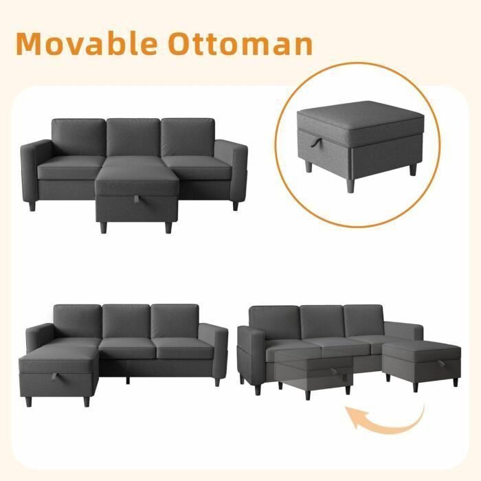 Sectional Sofa Couches for Living Room - 78'' Dark Grey 3 Seat L-Shaped Couch with Storage Ottoman