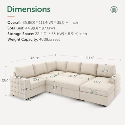 Sleeper Sectional Sofa with Storage Chaise U Shaped Sectional Couch for Living Room