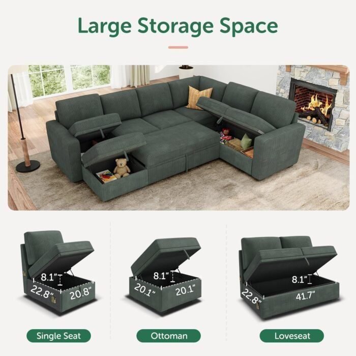 HONBAY Modular Sectional Sleeper Sofa with Pull Out Bed, Corduroy Sectional Couch with Storage Seats Ottoman