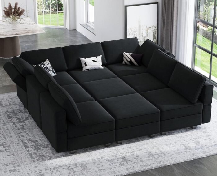 Modular Sectional Sofa with Ottomans Velvet Reversible Sleeper Chaise Bed Storage Seat