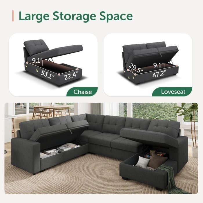 Sectional Sleeper Sofa Pull Out Bed with Storage Chaise, Sleeper Sectional Sofa Couch