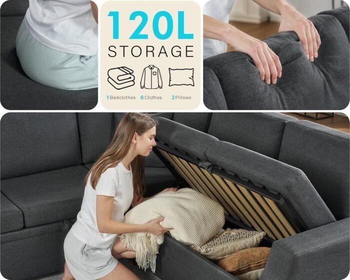 VanAcc Sofa Bed, 85 Inch Sleeper Couch with Storage Seat, L Shaped Sofa with Pull Out Sofa Bed