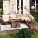 7 Pieces Patio Furniture Set Outdoor Wicker Rattan Furniture 44” Fire Pit Table Outdoor Sectional Sofa Include Waterproof