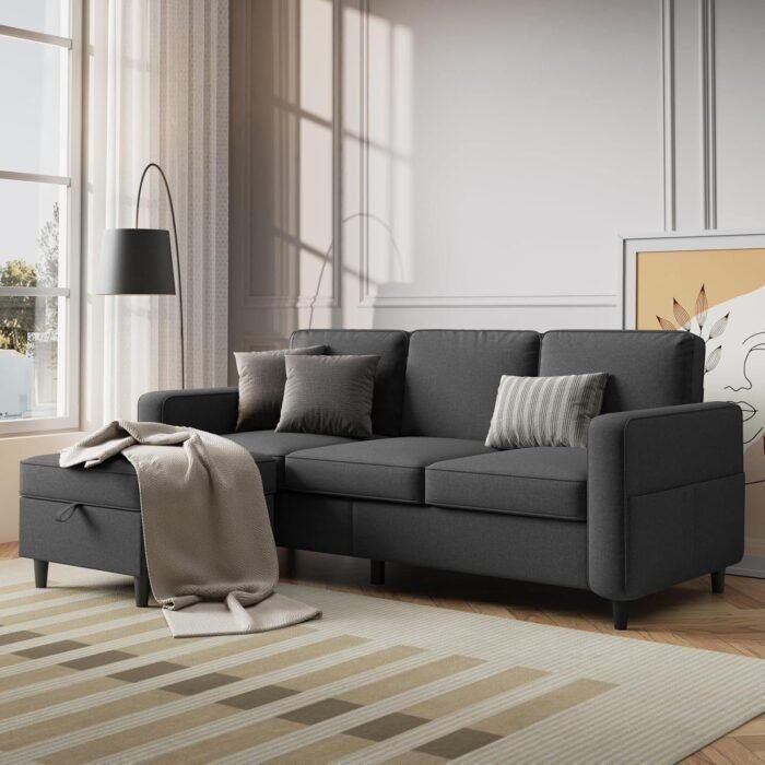 Sectional Sofa Couches for Living Room - 78'' Dark Grey 3 Seat L-Shaped Couch with Storage Ottoman