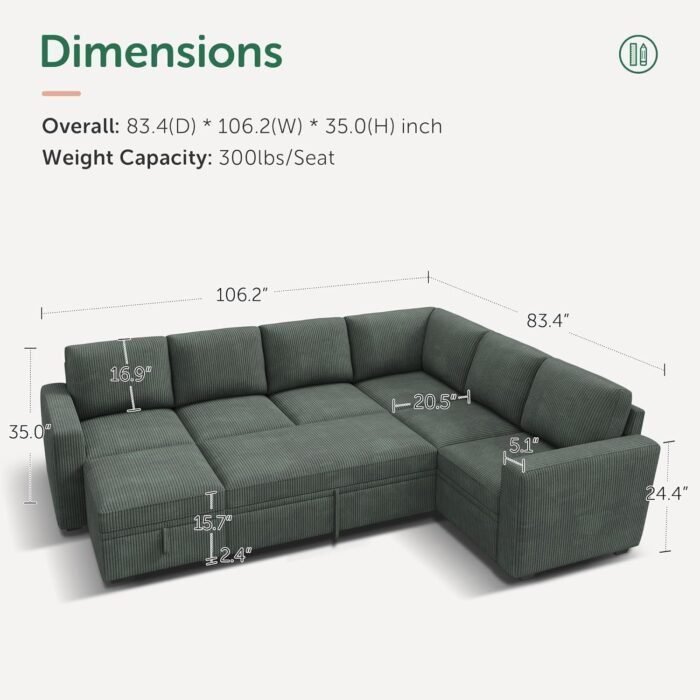 HONBAY Modular Sectional Sleeper Sofa with Pull Out Bed, Corduroy Sectional Couch with Storage Seats Ottoman