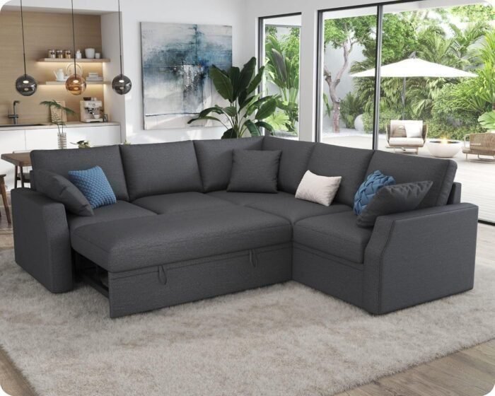 VanAcc Sofa Bed, 85 Inch Sleeper Couch with Storage Seat, L Shaped Sofa with Pull Out Sofa Bed