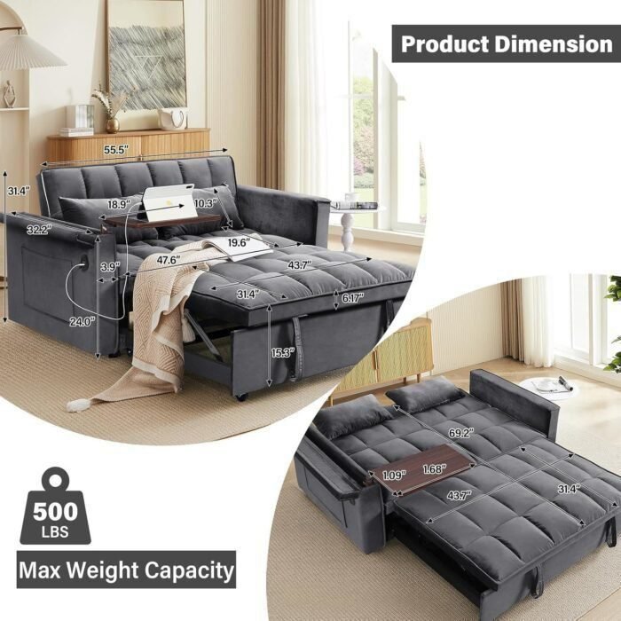 Convertible Sofa Bed,3-in-1 Sleeper Couch Pull-Out Bed,55'' Sofa Bed with Adjustable Backrest with 2 Pillows and Storage Bag