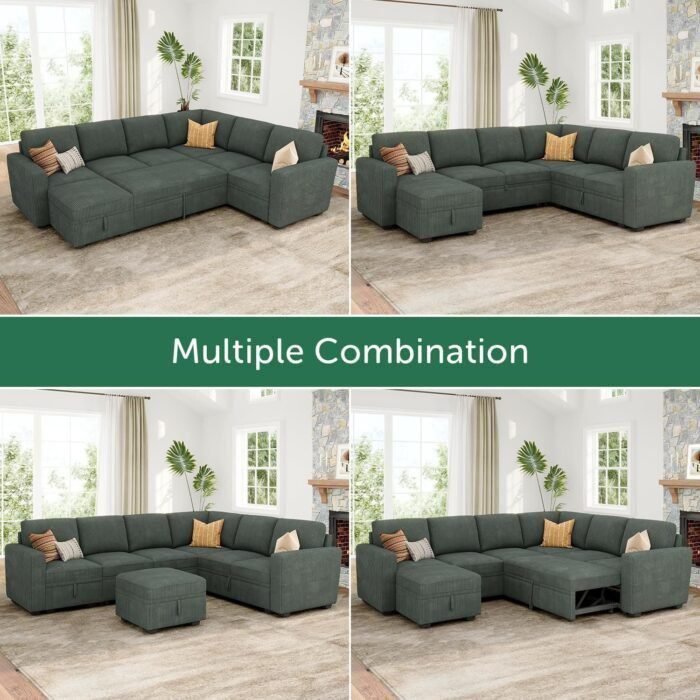 HONBAY Modular Sectional Sleeper Sofa with Pull Out Bed, Corduroy Sectional Couch with Storage Seats Ottoman