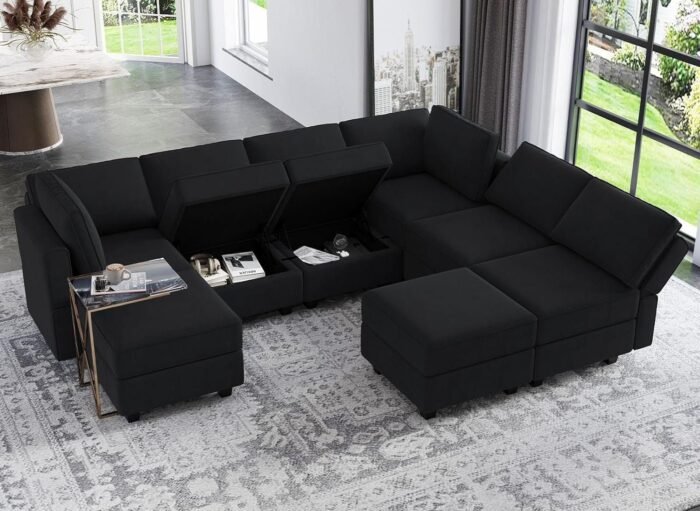 Modular Sectional Sofa with Ottomans Velvet Reversible Sleeper Chaise Bed Storage Seat