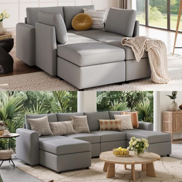 Convertible U Shaped Sofa Couch with Storage, Modular Sectionals with Ottomans, 6 Seat Sofa Set with Chaise