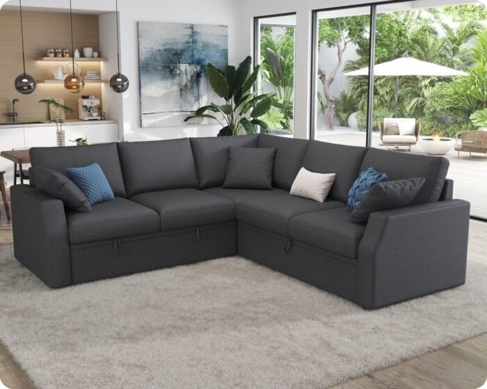 VanAcc Sofa Bed, 85 Inch Sleeper Couch with Storage Seat, L Shaped Sofa with Pull Out Sofa Bed