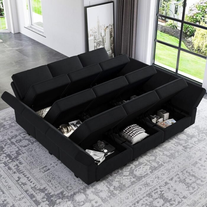 Modular Sectional Sofa with Ottomans Velvet Reversible Sleeper Chaise Bed Storage Seat