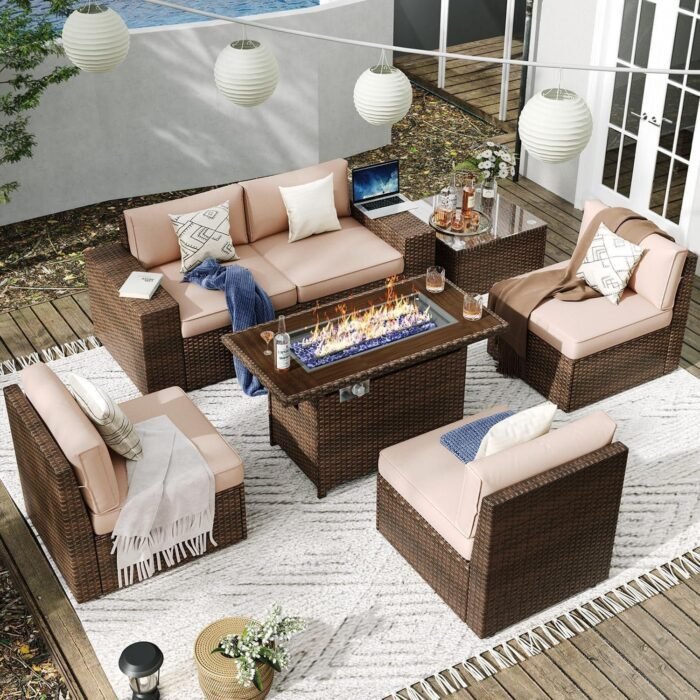 7 Pieces Patio Furniture Set Outdoor Wicker Rattan Furniture 44” Fire Pit Table Outdoor Sectional Sofa Include Waterproof