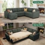 HONBAY Modular Sectional Sleeper Sofa with Pull Out Bed, Corduroy Sectional Couch with Storage Seats Ottoman