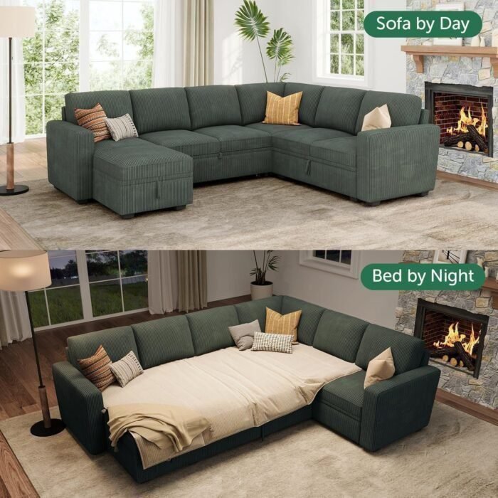 HONBAY Modular Sectional Sleeper Sofa with Pull Out Bed, Corduroy Sectional Couch with Storage Seats Ottoman