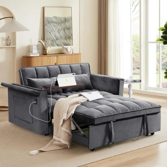 Convertible Sofa Bed,3-in-1 Sleeper Couch Pull-Out Bed,55'' Sofa Bed with Adjustable Backrest with 2 Pillows and Storage Bag