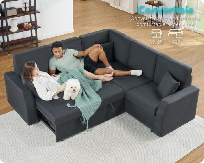 VanAcc Sofa Bed, 85 Inch Sleeper Couch with Storage Seat, L Shaped Sofa with Pull Out Sofa Bed