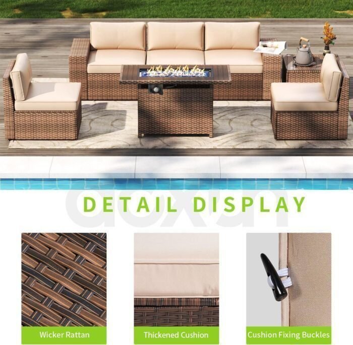 7 Pieces Patio Furniture Set Outdoor Wicker Rattan Furniture 44” Fire Pit Table Outdoor Sectional Sofa Include Waterproof