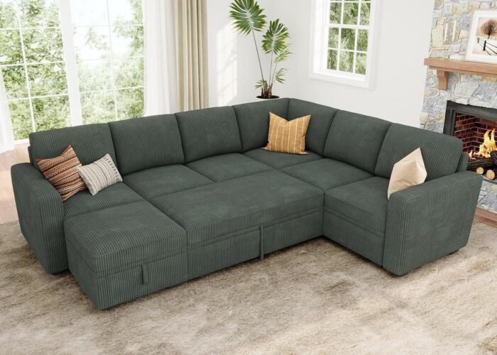 HONBAY Modular Sectional Sleeper Sofa with Pull Out Bed, Corduroy Sectional Couch with Storage Seats Ottoman