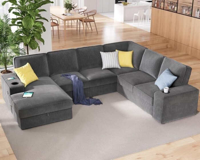 112 inch Sectional Sofa, Oversized Sofa with Storage Chaise, U Shaped Sofa Couch with USB Ports