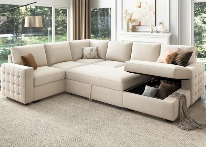 Sleeper Sectional Sofa with Storage Chaise U Shaped Sectional Couch for Living Room