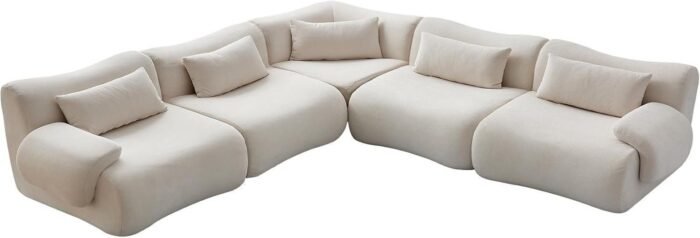 Modular Sectional L Shaped Sofa Couch with Beige Cloud Teddy Fabric and Curved Ear Armrest