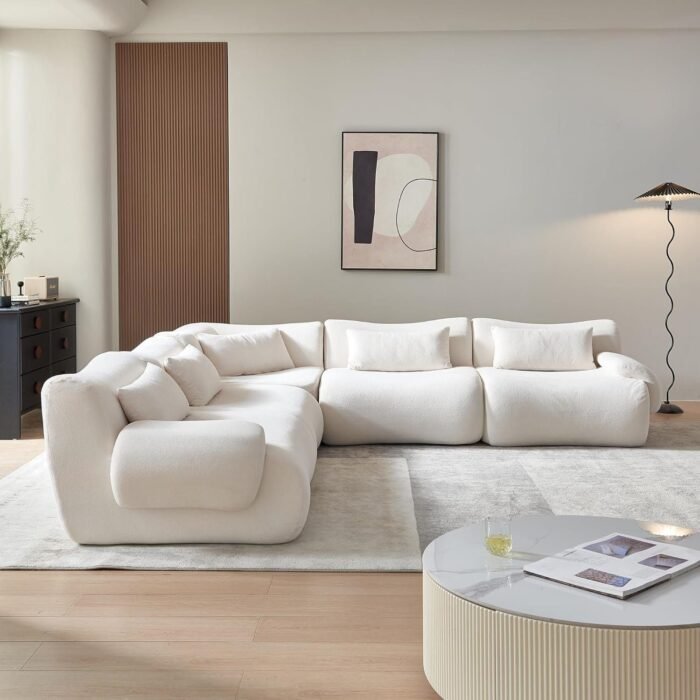 Modular Sectional L Shaped Sofa Couch with Beige Cloud Teddy Fabric and Curved Ear Armrest