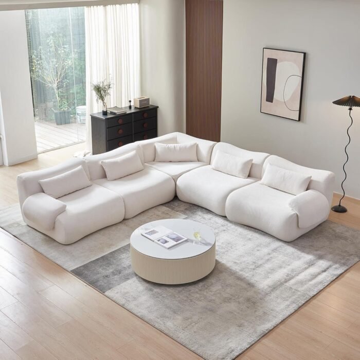 Modular Sectional L Shaped Sofa Couch with Beige Cloud Teddy Fabric and Curved Ear Armrest