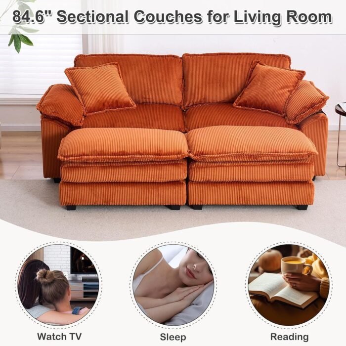 Oversized Chaise Lounges Indoor, 84.6'' 2 Seater Sofa with Ottoman, Corduroy Loveseat Sleeper Modular Sectional Sofa