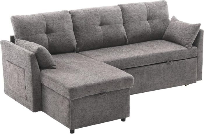 L-Shaped Sofa with Reversible Chaise Lounge Sleeper, Comfortable Sectional Couch