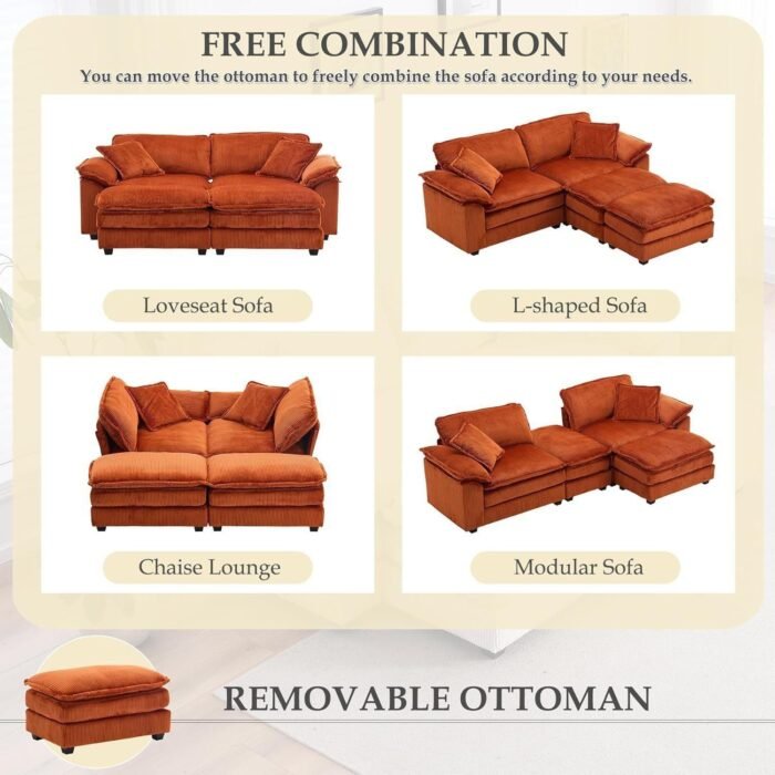 Oversized Chaise Lounges Indoor, 84.6'' 2 Seater Sofa with Ottoman, Corduroy Loveseat Sleeper Modular Sectional Sofa