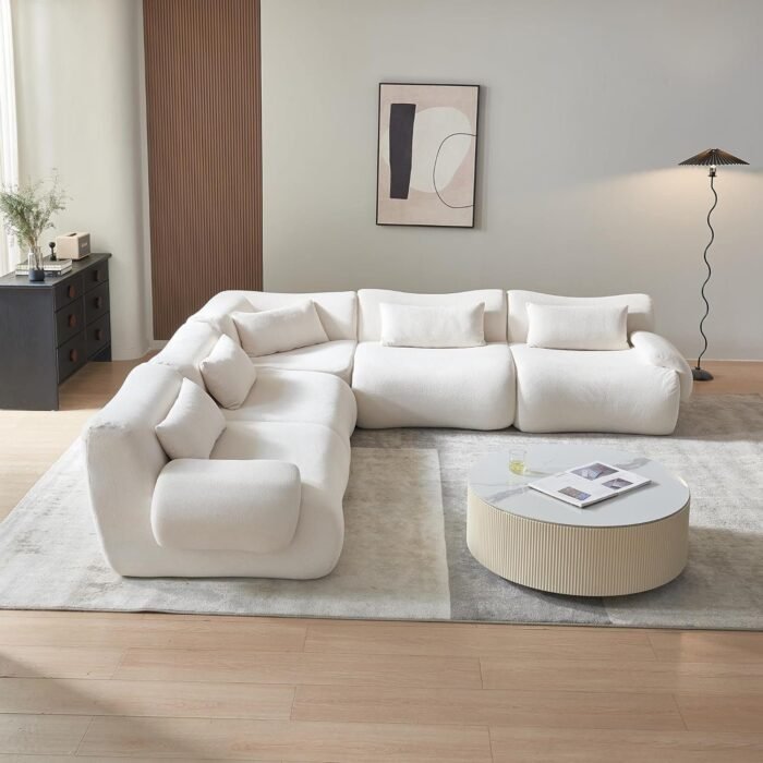 Modular Sectional L Shaped Sofa Couch with Beige Cloud Teddy Fabric and Curved Ear Armrest