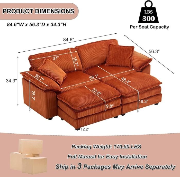 Oversized Chaise Lounges Indoor, 84.6'' 2 Seater Sofa with Ottoman, Corduroy Loveseat Sleeper Modular Sectional Sofa