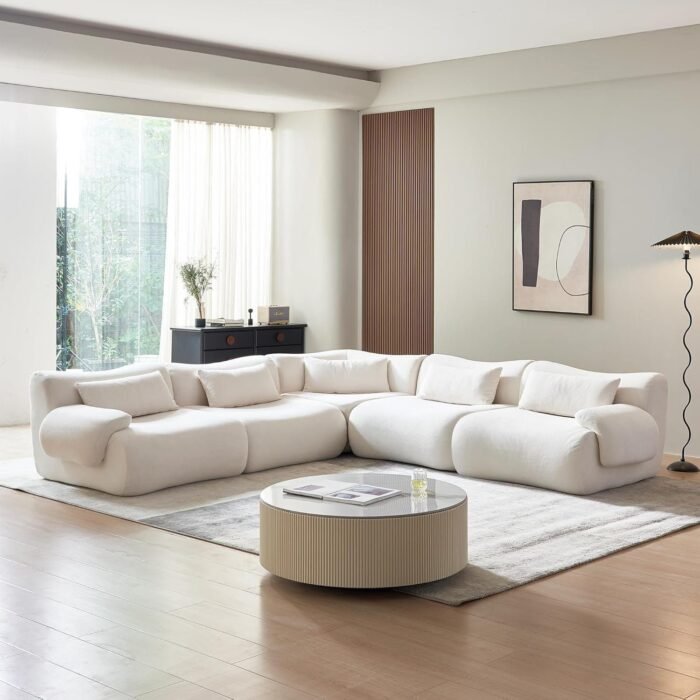 Modular Sectional L Shaped Sofa Couch with Beige Cloud Teddy Fabric and Curved Ear Armrest