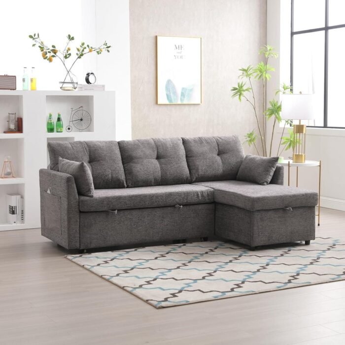 L-Shaped Sofa with Reversible Chaise Lounge Sleeper, Comfortable Sectional Couch