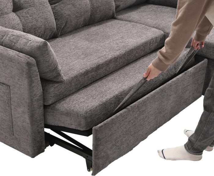 L-Shaped Sofa with Reversible Chaise Lounge Sleeper, Comfortable Sectional Couch