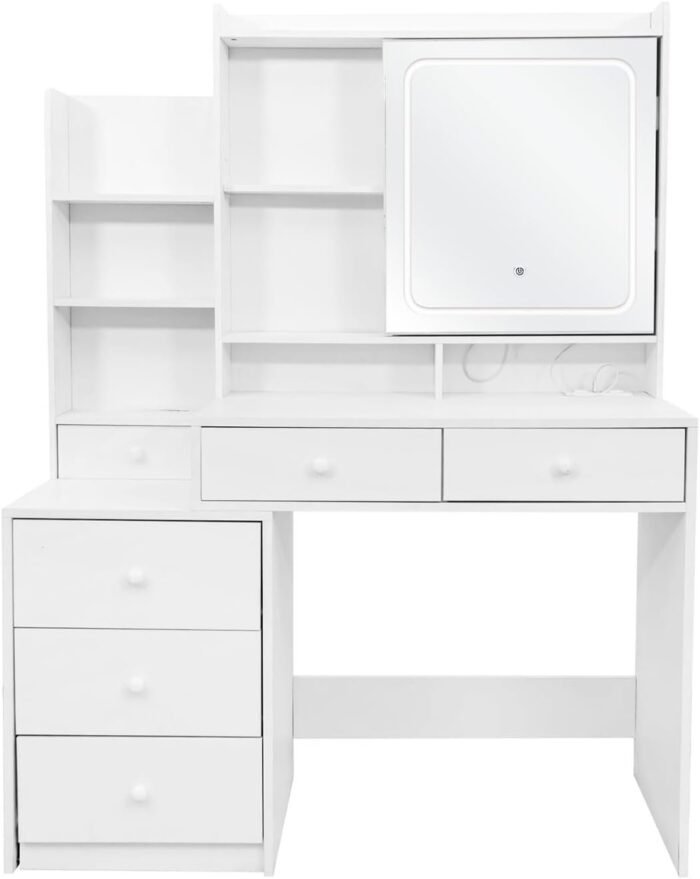 Large Vanity Makeup Table with Sliding Mirror and LED Lights, White Vanity Desk with 3 Lighting