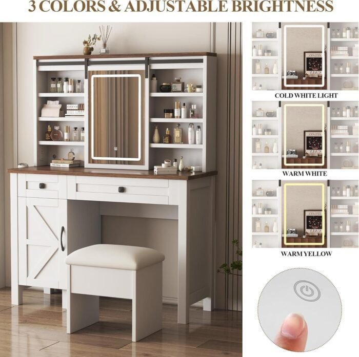 Farmhouse Vanity Desk with LED Lighted Mirror, Makeup Vanity Desk with Sliding Mirror