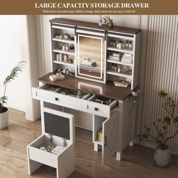 Farmhouse Vanity Desk with LED Lighted Mirror, Makeup Vanity Desk with Sliding Mirror